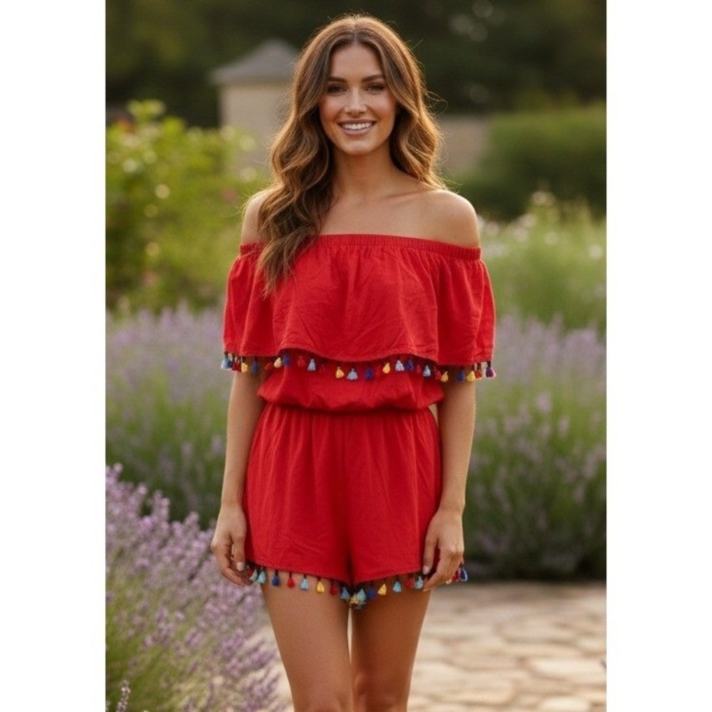 J for Justin Red Off Shoulder Romper Women M Tassel Trim Boho Festival Valentine
